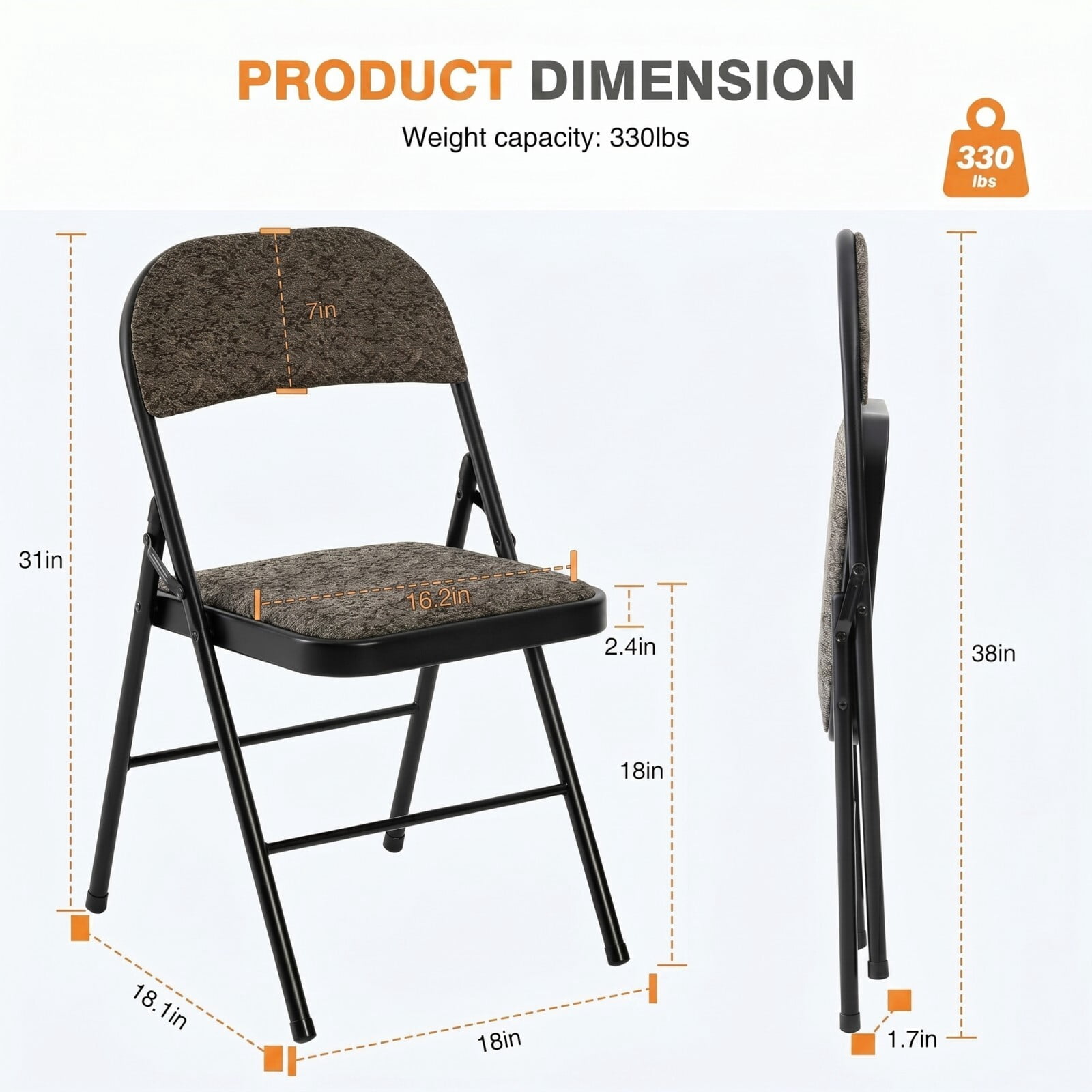Kelno Folding Chair Set of 2 Fabric Padded Guest Chairs with Lightweight Sturdy Metal Frame, Black Gray