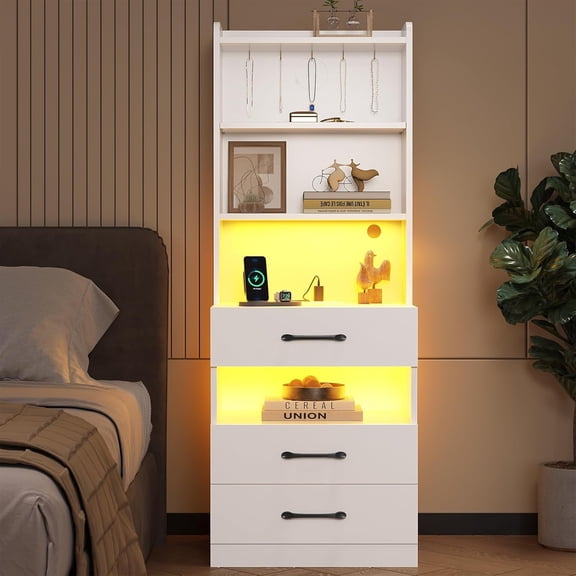Tall Nightstand with Charging Station and LED Lights, Large White Night Stand with Bookshelf, Modern LED Bedside Table with 3 Drawers and Storage Shelves, End Side Table for Bedrooms, Dorms
