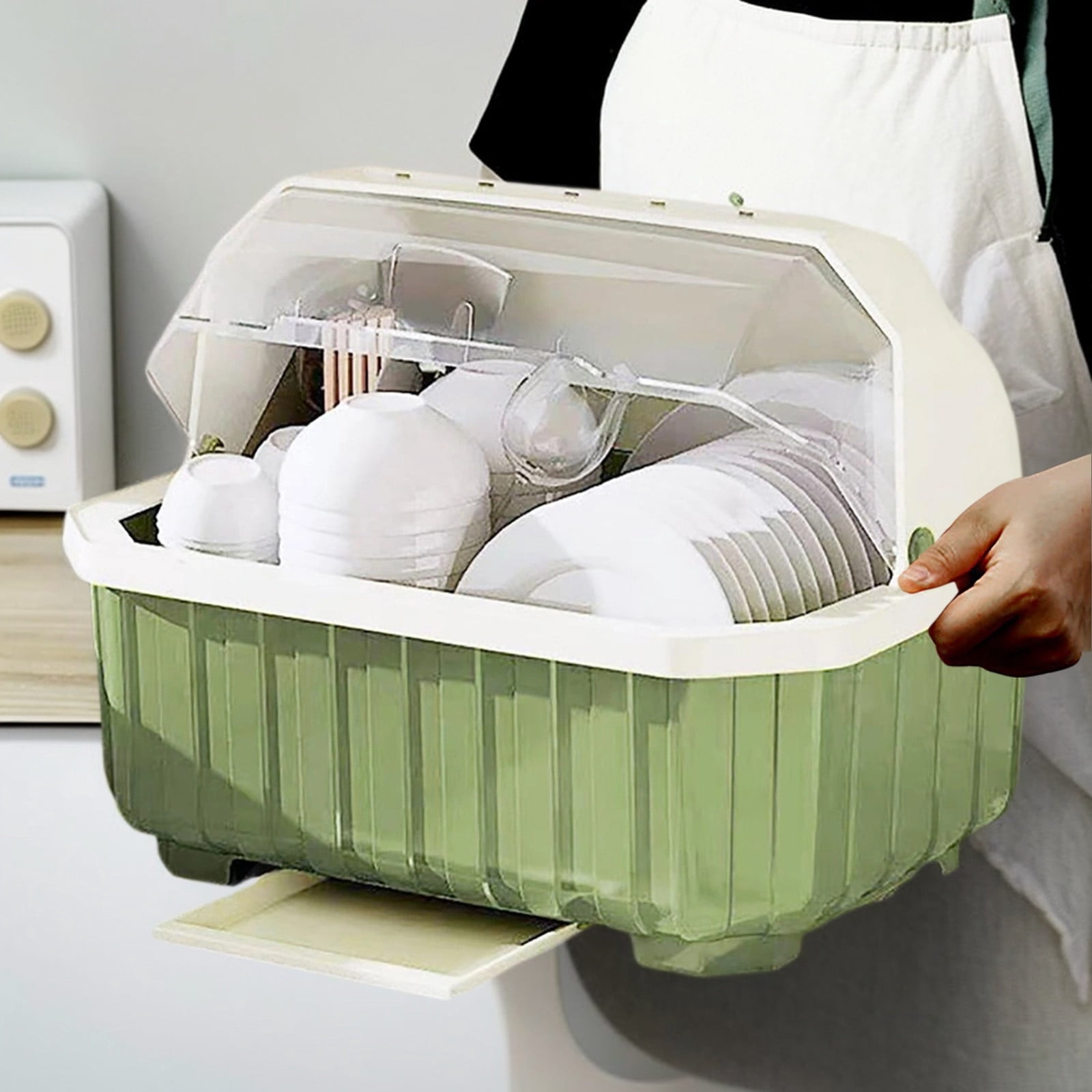 Dish Drying Rack with Lid Kitchen Drainer for Plates, Cups, Bowls Cutlery Covered Dish Rack Organizer for Countertop,Cabinet,Home Hotel Use Durable Tableware Dryer Tray(15.55*11.42*11.81Inch)