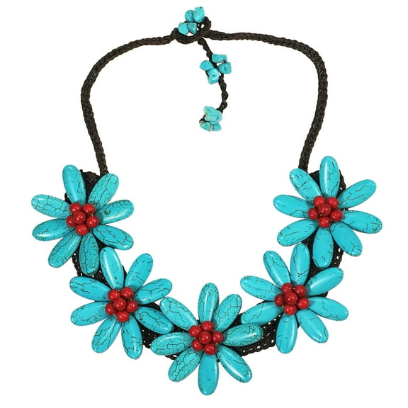 Five Turquoise Flowers with Synthetic Coral Center Stone Necklace