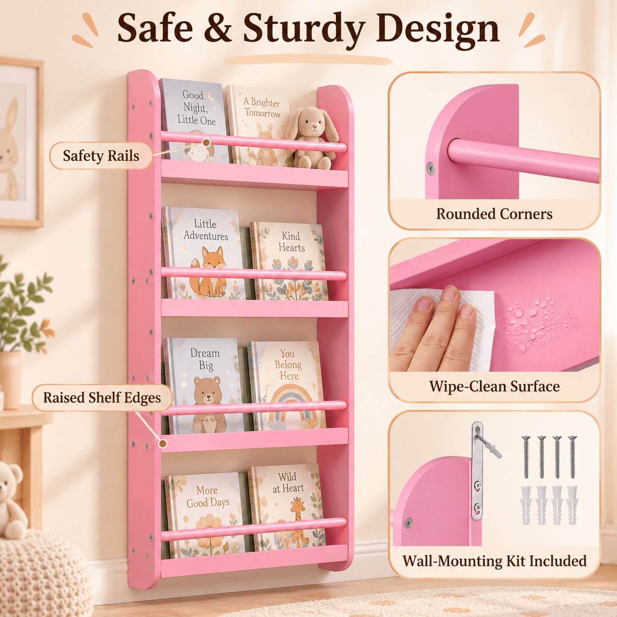 Furnibear 4-Tier Wall Bookshelf for Kids, Front-Facing Nursery Bookcase with Display Shelves for Books and Toys, Space-Saving Bedroom Storage, Pink