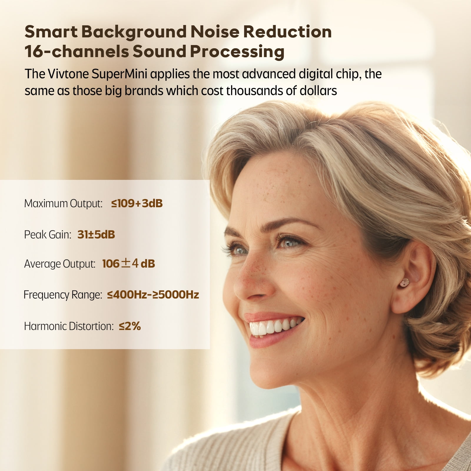 Vivtone Supermini Rechargeable OTC Hearing Aid, Completely-in-canal(CIC), for Seniors & Adults, Beige, 2 Pieces