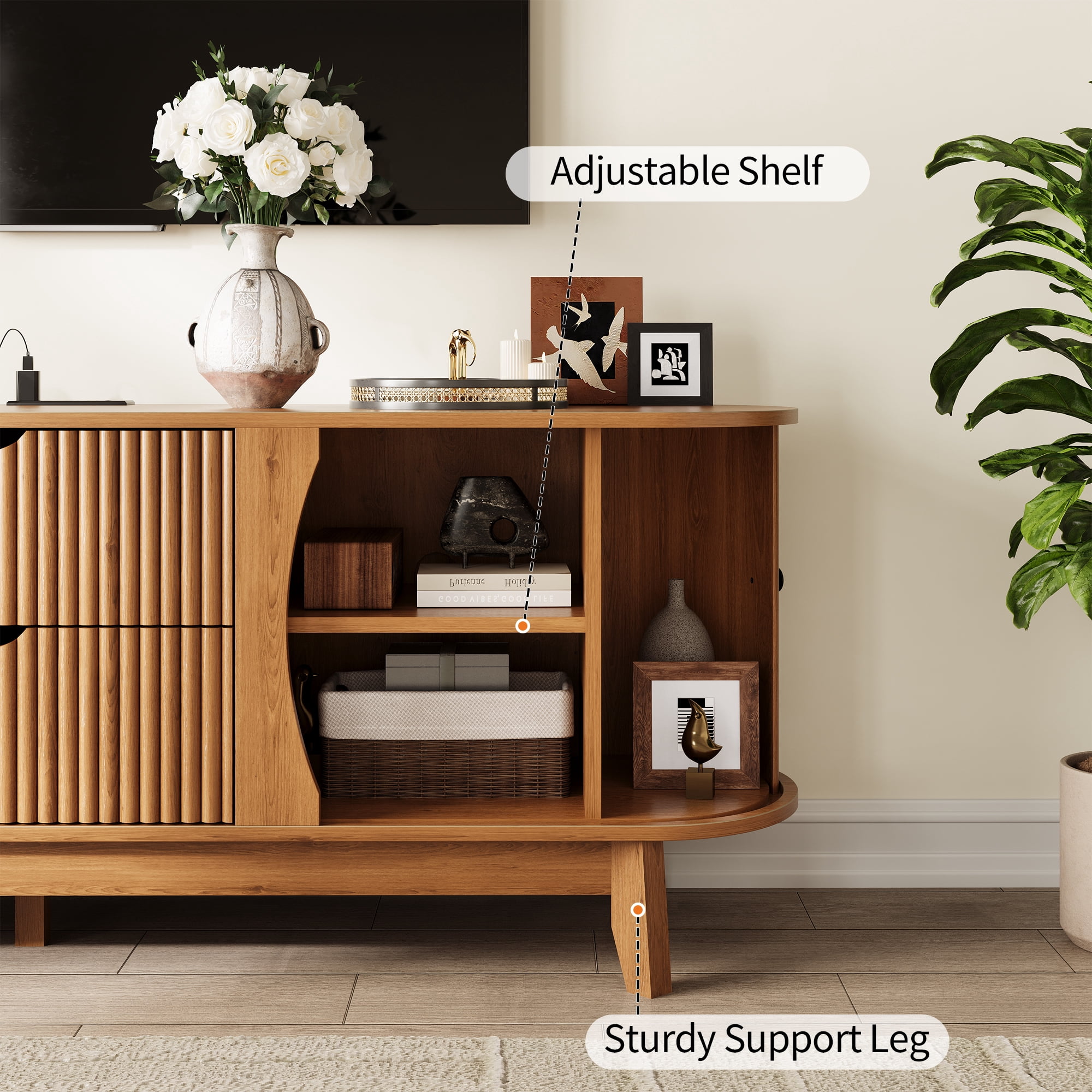 Garvee 63" Fluted TV Stand for TVs Up to 70 Inch, Modern Entertainment Center with Power Outlet, 2 Drawers, Side Cabinets with Adjustable Shelves, Curved Media Console Table for Living Room, Walnut