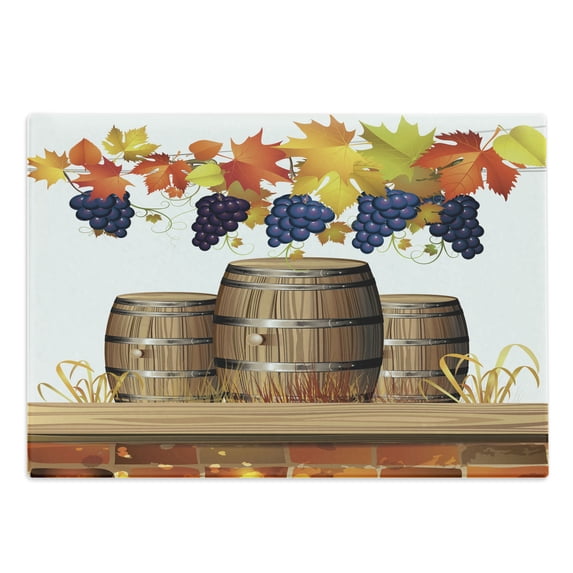 Vineyard Cutting Board, Wooden Wine Barrels with Faded Golden Yellow Autumn Leaves Fall Sunlight Design, Decorative Tempered Glass Cutting and Serving Board, Large Size, Orange Brown, by Ambesonne