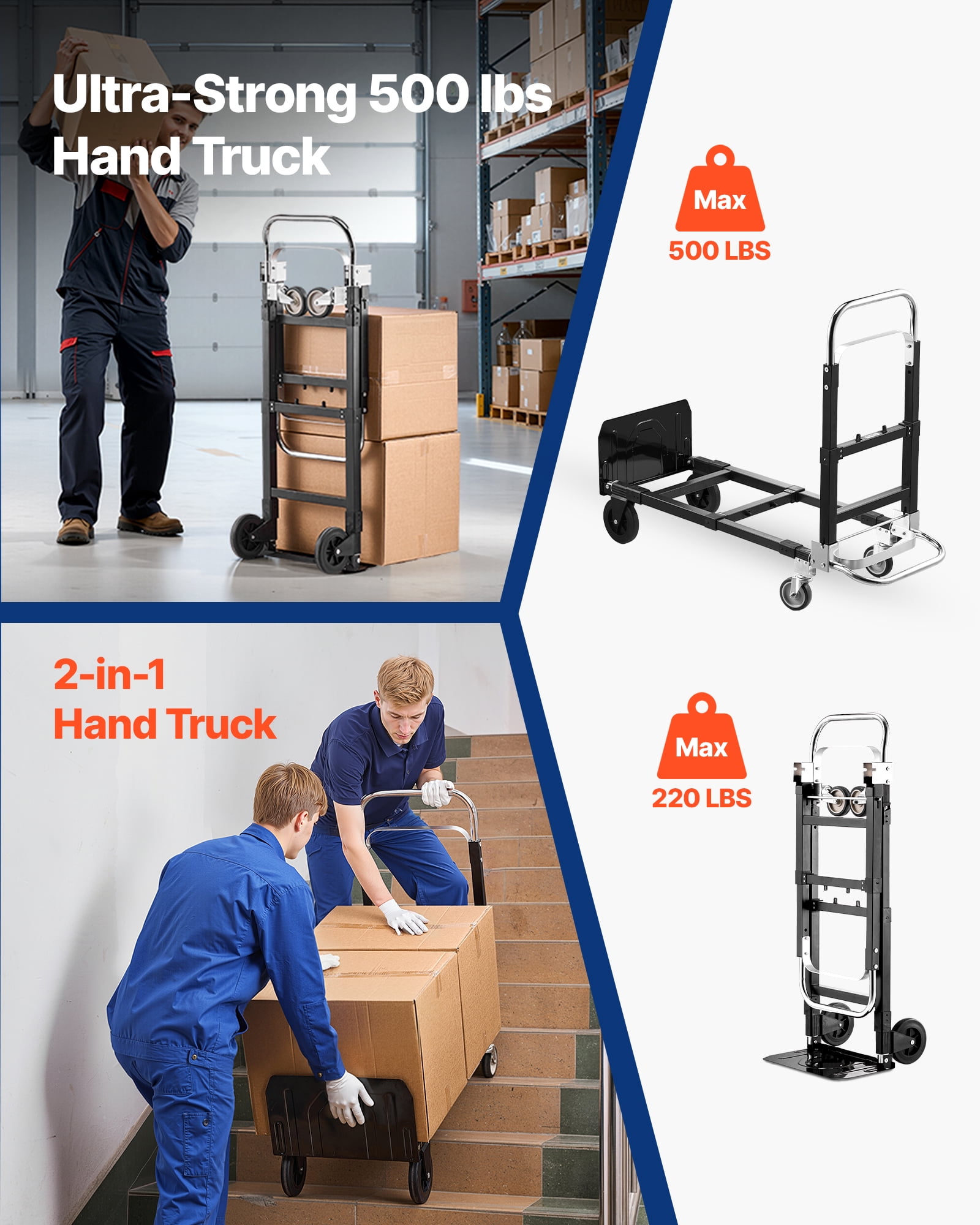 VEVOR 2 in 1 Folding Hand Truck, 500 lbs Load Capacity for 4-Wheel Mode, Convertible Hand Truck Dolly with Wheels & Adjustable Handle, Portable Trolley Dolly for Moving Home, Office, Warehouse