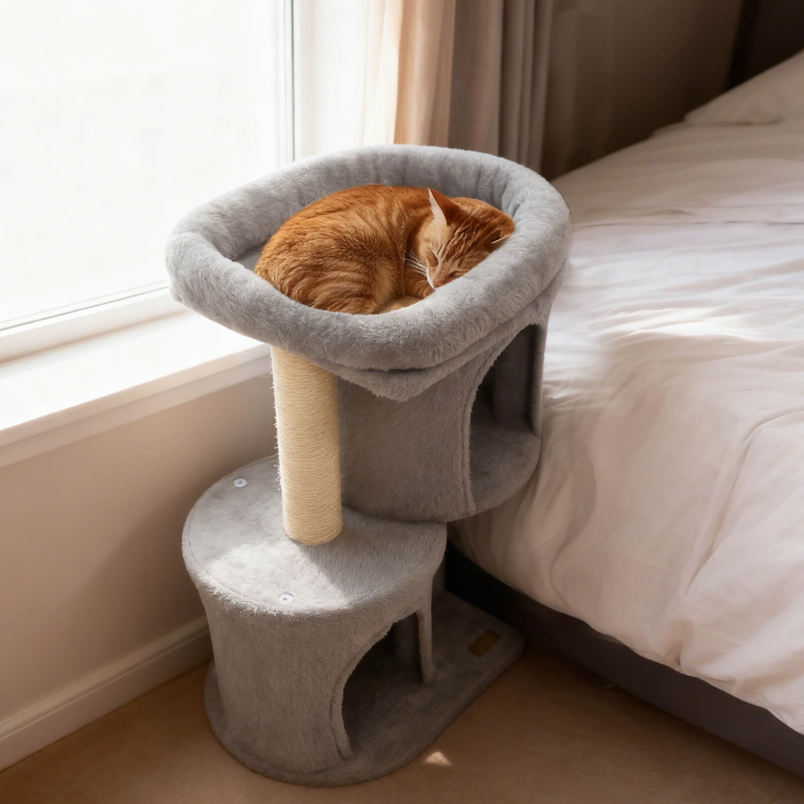 Costway 26” Small Cat Tree with Large Padded Plush Perch, 2 Condos, Sisal Scratching Posts Light Gray