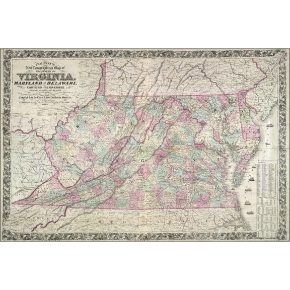24"x36" Gallery Poster, topography map Virginia Maryland Delaware 1864