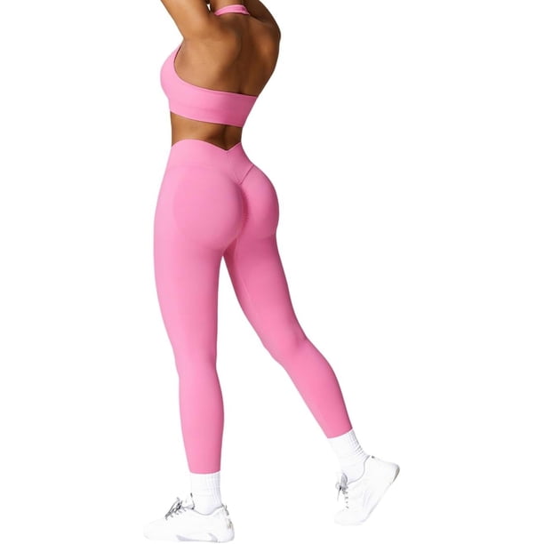Yknktstc Conjunto de entrenamiento sin costuras de 2 piezas para mujer, sin espalda, sujetador deportivo con espalda en V, cintura cruzada, leggings de yoga, traje de gimnasio