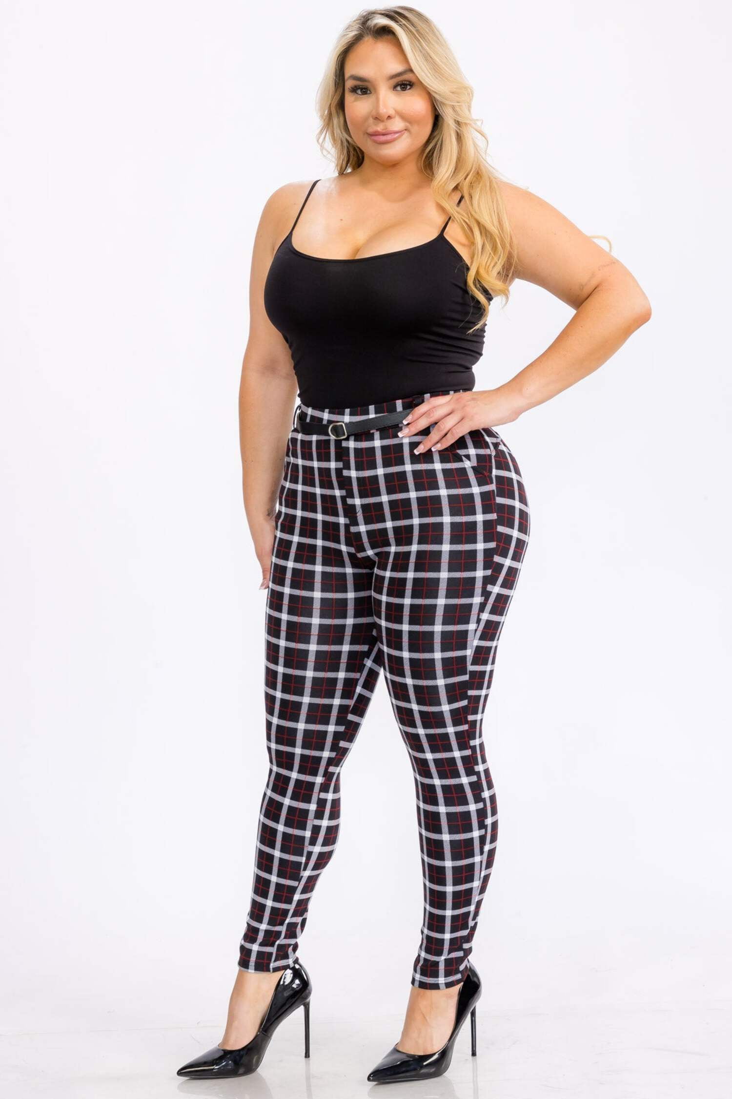 Plus Size Sculpting Treggings with Faux Leather Belt - Black, White, Red Plaid