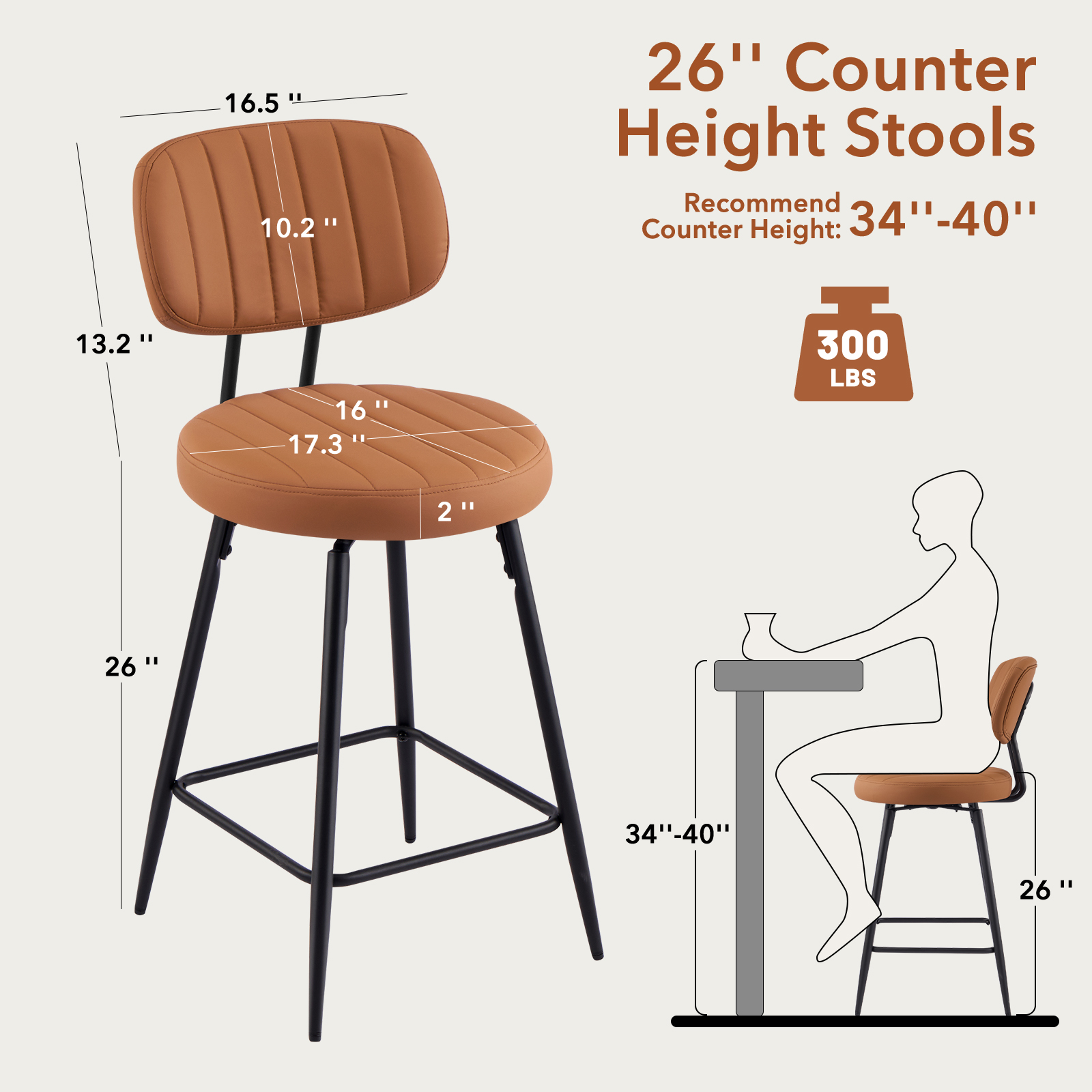 Furniliving 26" Modern Bar Stools Set of 2, Upholstered Swivel Counter Height Barstools with Back and Footrest, Adjustable Faux leather Barstool for Kitchen Island,Dining Room.Brown