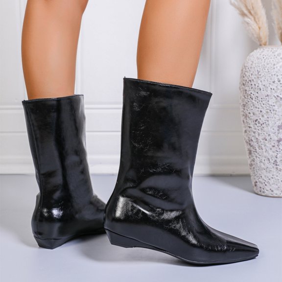 Domuza Women's Fall Winter Glossy Pointed Toe Mid Calf Boots, Ruched Wedge Heel Pull On Leather Look Short Boots Black 5.5(EU-36)