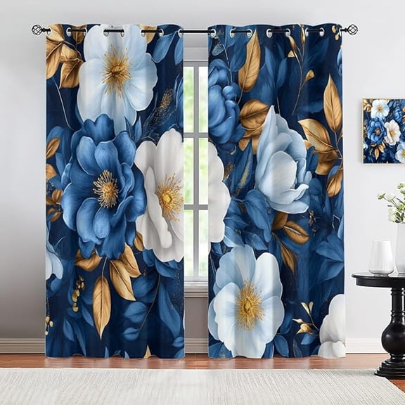 Floral Curtains, Blue Floral Blackout Curtains, Vintage Flowers Window Treatments, Grommet Room Darkening Drapes For Bedroom Living Room 26"W x 63"L (Pack of 2)