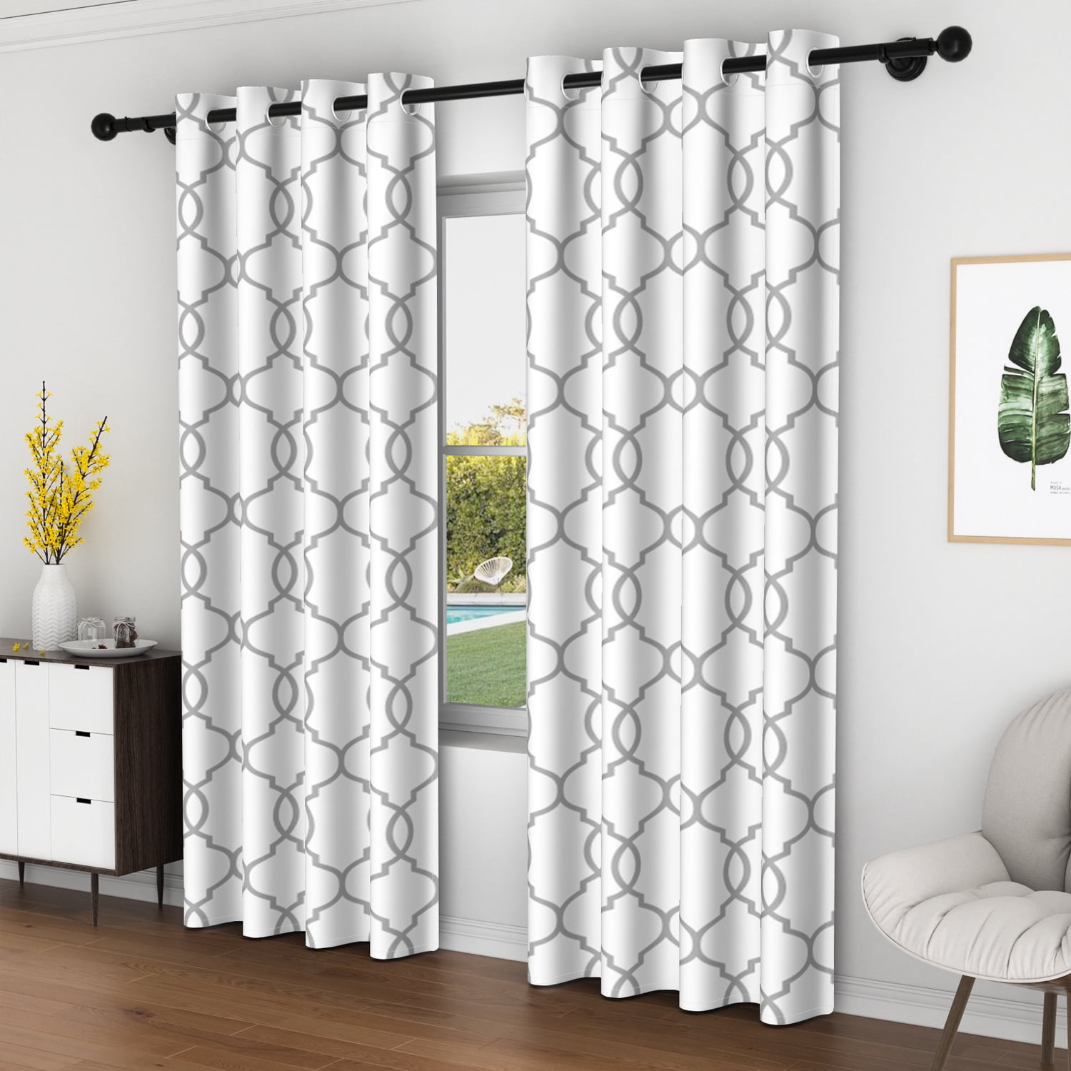 Lfeey Geometric Grid Pattern Light Filtering Grommet Blackout Curtains, Gray, 52x84 Inches, 2 Panels