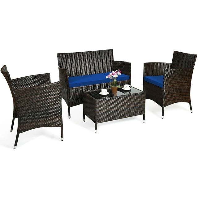 Conjunto de Muebles al Aire Libre Costway 4 Piezas Ratan PE Cojines Patio Marrón Mezclado Azul