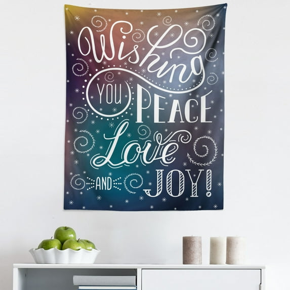 Saying Tapestry, Christmas Themed Typographic Image with Wishing You Peace Love and Joy Lettering, Fabric Wall Hanging Decor for Bedroom Living Room Dorm, 5 Sizes, Multicolor, by Ambesonne