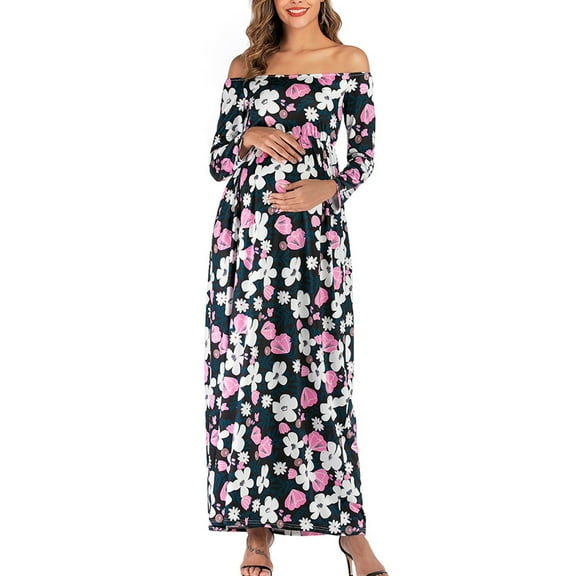 SDJMa Women's Nursing Tops for Breastfeeding Word-Shoulder Long Sleeve Flowers Print Length-skirt Fashion Dress