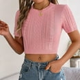 thumbnail image 6 of Fashion Olyvenn Womens Cable Knitted Crop Tee Shirts Casual Summer Short Sleeve Sweater Tops Comfy Crew Neck Cute Blouse Pink XL, 6 of 8
