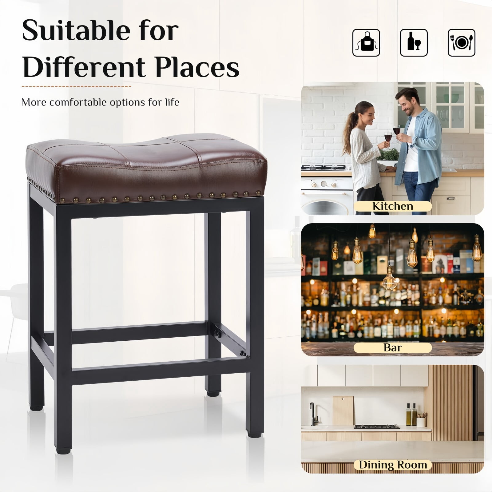 Kelno 24 Inch Saddle Bar Stool Set of 2 PU Leather Counter Stools with Steel Frame and Footrest, Brown