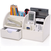 KINGFOM Desktop Organizer, PU Leather Office Supplies Storage Bin, Stationery Storage Box,  Holder for Pen/Mobile Phone/Remote Control (White)