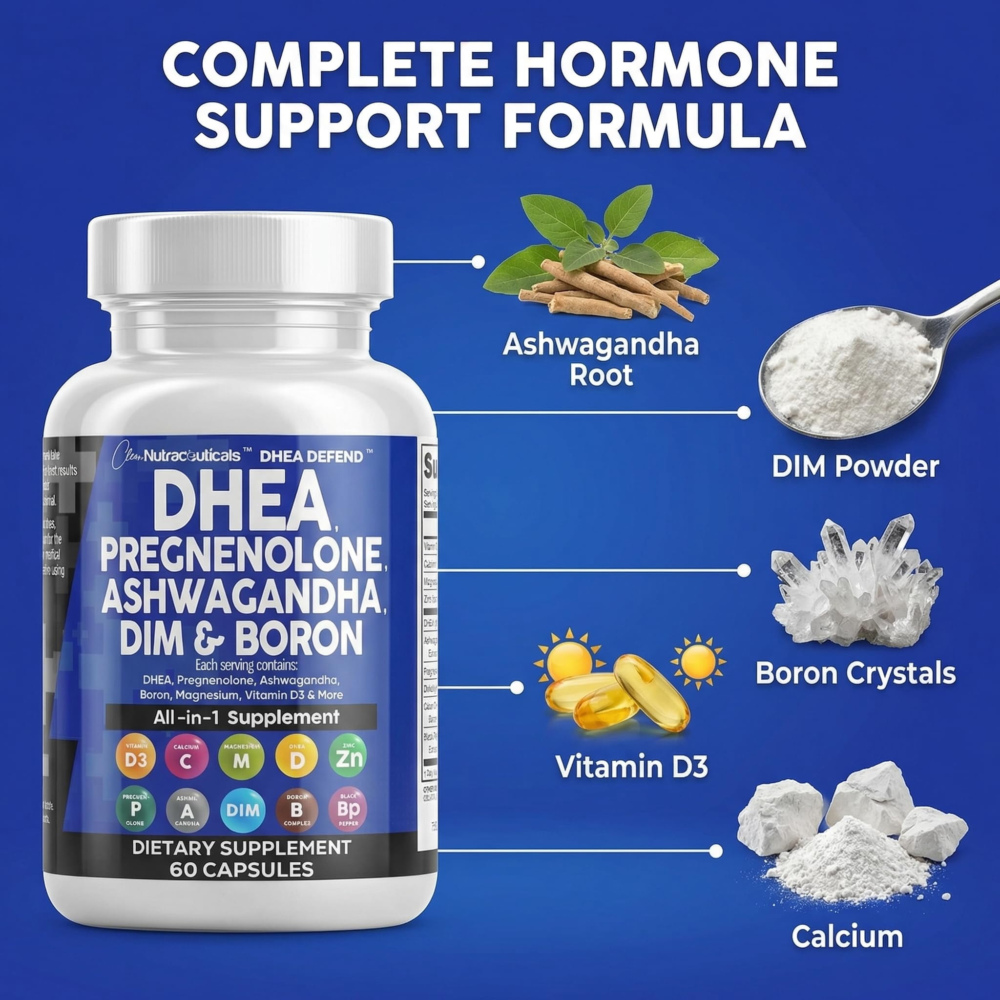 DHEA 200mg Supplement Pregnenolone 100mg for Men & Women with DIM Ashwagandha Boron 6mg Complex Calcium Magnesium Zinc 50mg Vitamin D3 5000 IU Hormone Support Capsules Pills Made in USA 60 Count