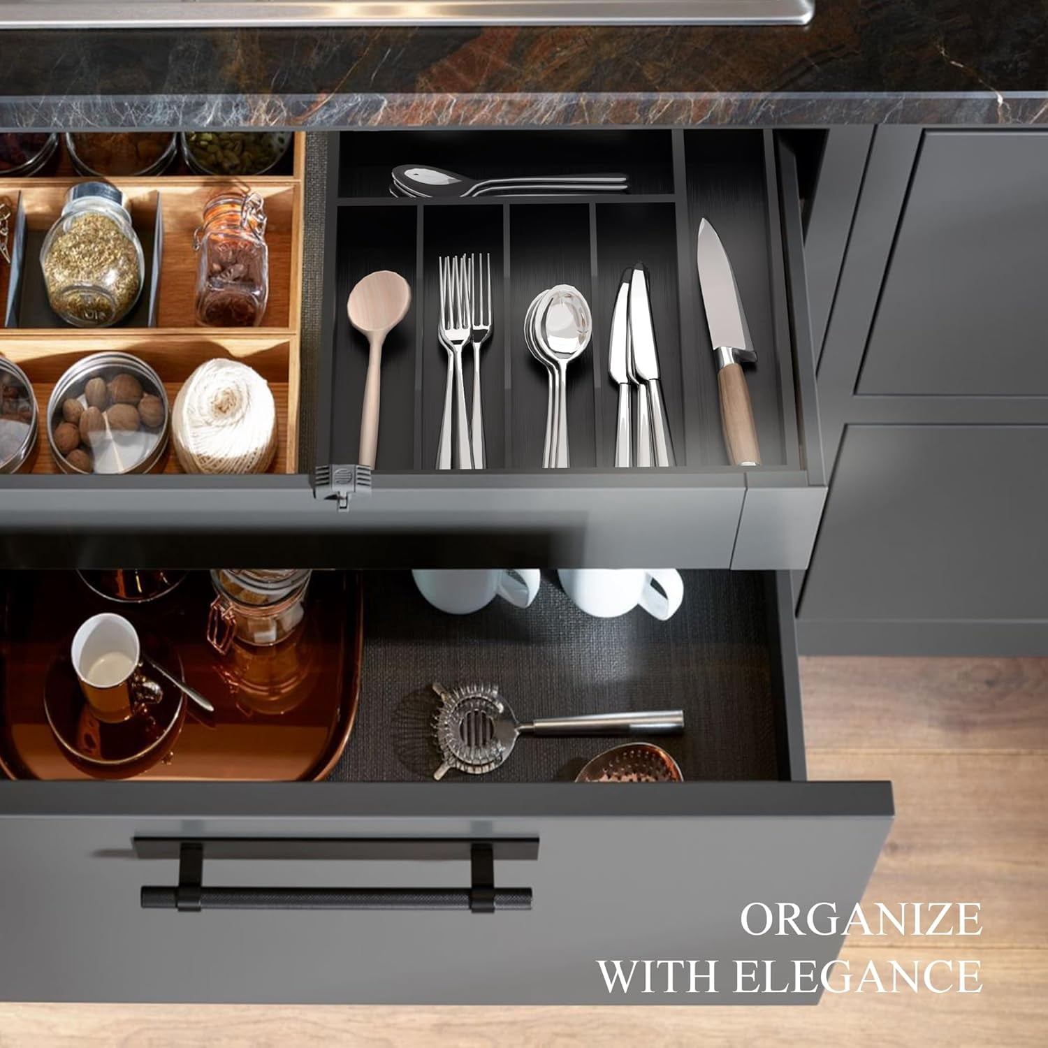UniVerse Bamboo Silverware Organizer, Kitchen Drawer Organizer, Utensil Holder, Cutlery Tray & Spoon Flatware Storage with Grooved Drawer Dividers (7 Slots, Black)