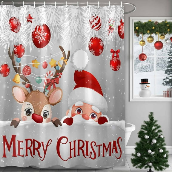 Gray Christmas Shower Curtains for Bathroom, Cute Santa Claus Deer Winter Snowflake Waterproof Fabric Shower Curtain for Bathroom Bathtub Decoration, Machine Washable, 72"x72"