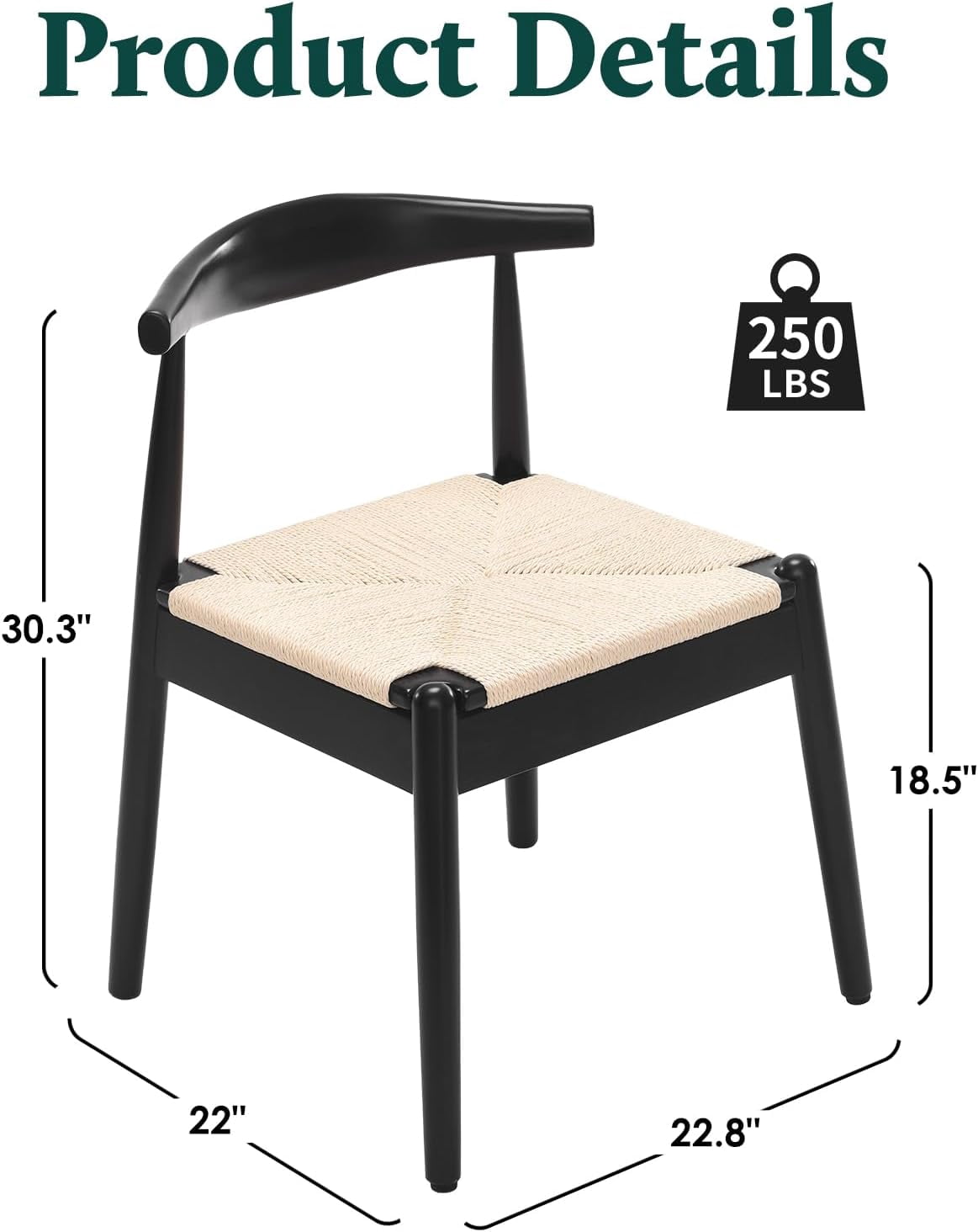 Farini Mid-Century Dining Chairs Set of 4, Solid Wood Frame & Woven Leather Seats, Black-Beige