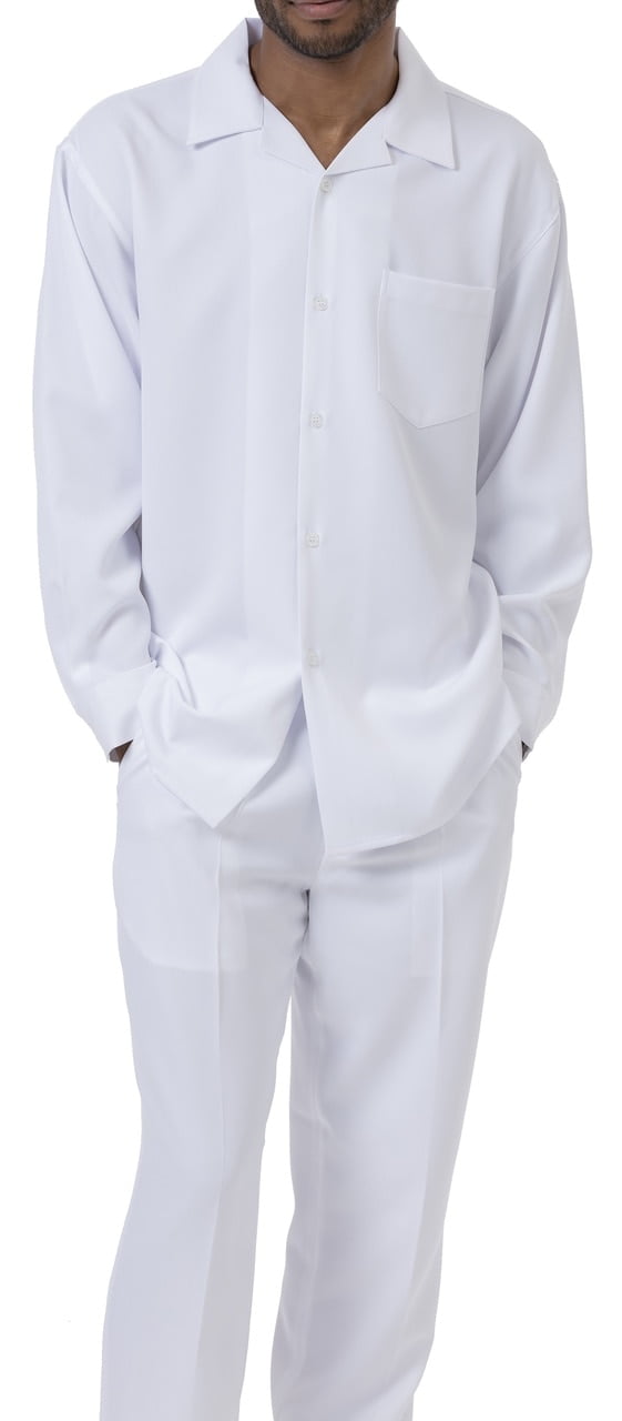 Montique White Solid 2 Piece Walking Suit Long Sleeve Shirt Men's