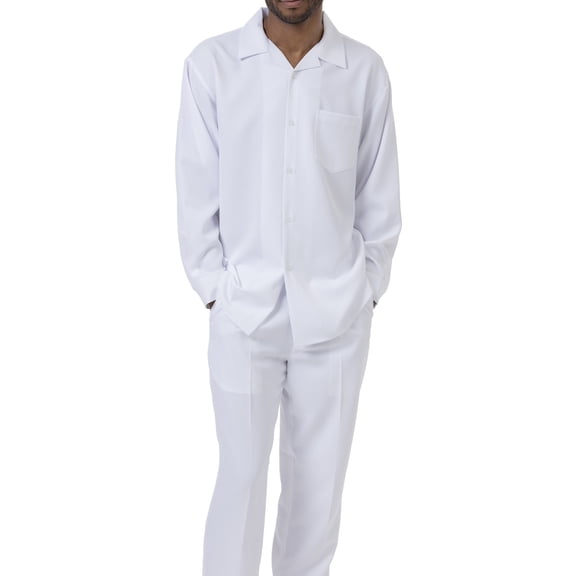 Montique White Solid 2 Piece Walking Suit Long Sleeve Shirt Men's Leisure Suit 1641