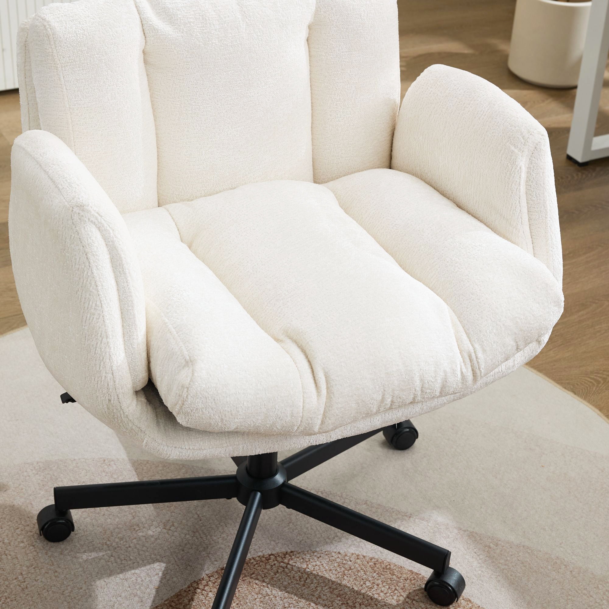 PORKISS Criss Cross Office Chair with Wheels and Foldable Arms, Wide Seat Chenille Swivel Desk Chair, Height Adjustable Vanity Chair for Home Office Bedroom, Beige