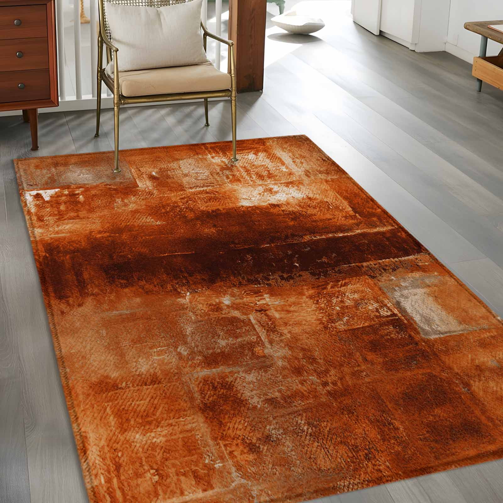Burnt Orange 3x5 Area Rugs, Oil Painting Abstract Modern Vintage Non-Skid Rubber Backing Large Rectangle Rugs - Living Room Bedroom Home Office, Indoor Floor Mat Carpets Washable Rug