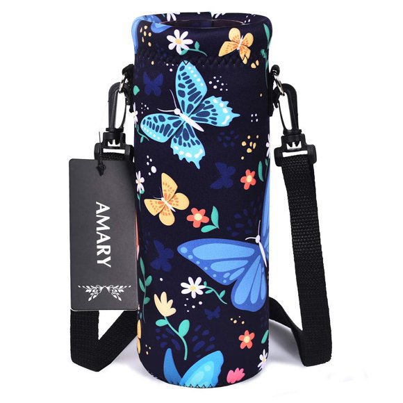 AMARY 750ML Neoprene Water Bottle Carrier Bag with Adjustable Shoulder Strap,Insulated Water Bottle Cover for Stainless Steel/Glass/Plastic Bottles 24OZ (Butterfly-2)
