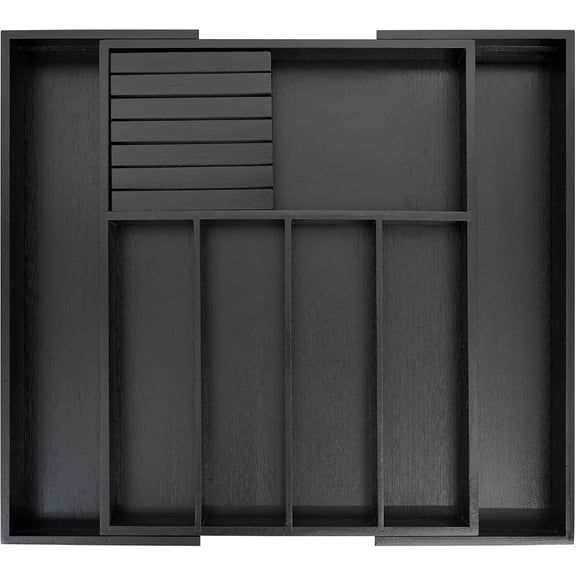Utoplike Premium Bamboo Silverware Drawer Organizer, Expandable Utensil Tray with Removable Knife Block, 5-7 Compartments for Flatware (Black)