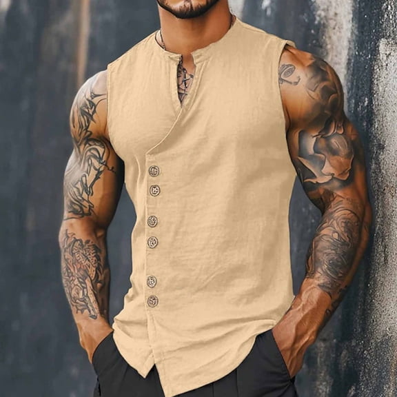 TaTaai Mens Linen Like Sleeveless Vest Stand Collar Button Up Retro Breathable Quick Dry for Running Cycling Hiking Outdoor Gift