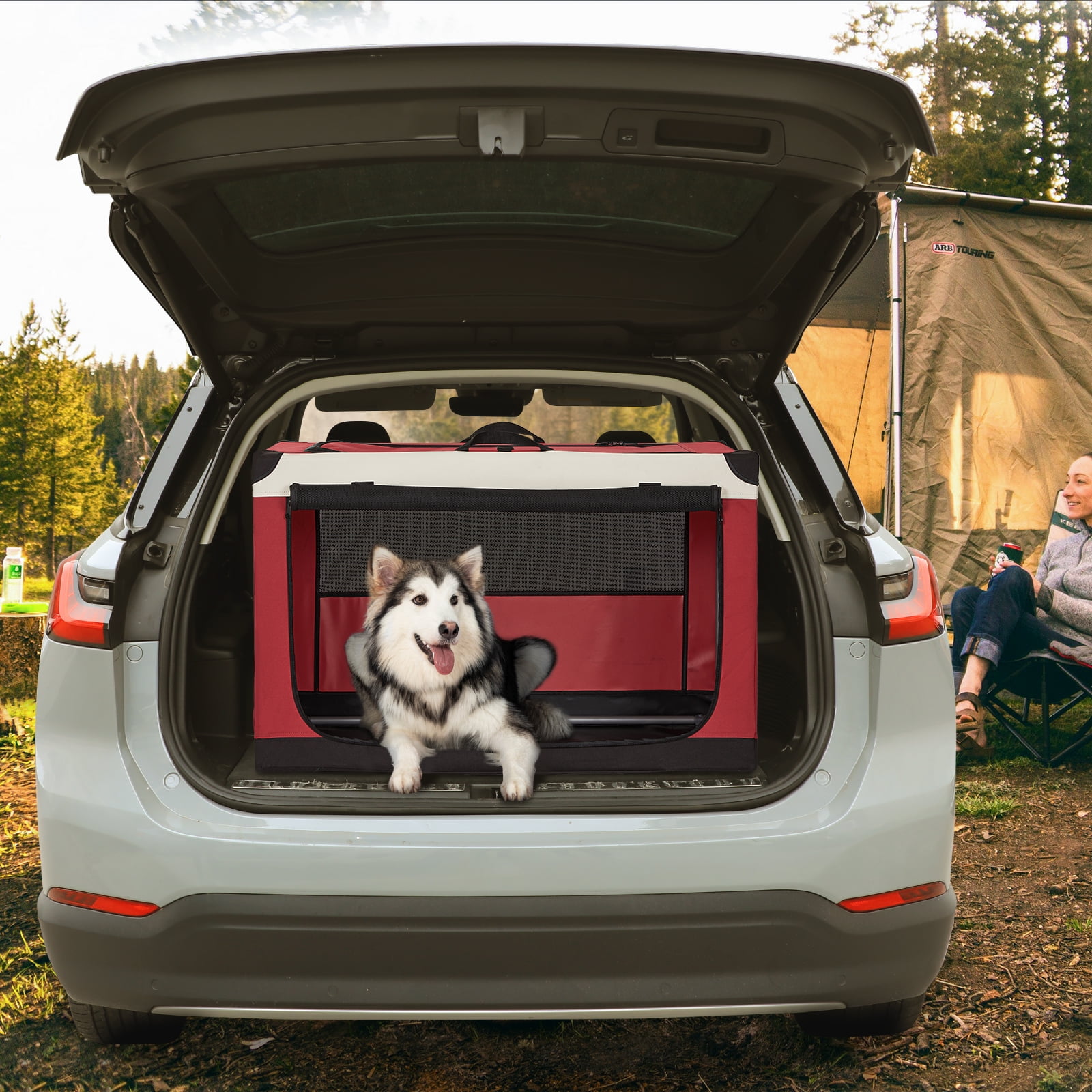 Petsfit 39.5 Inch Dog Kennel, Adjustable Fabric Cover by Spiral Iron Pipe, Chew Proof 3 Door Design, Soft Portable Dog Crate,Red