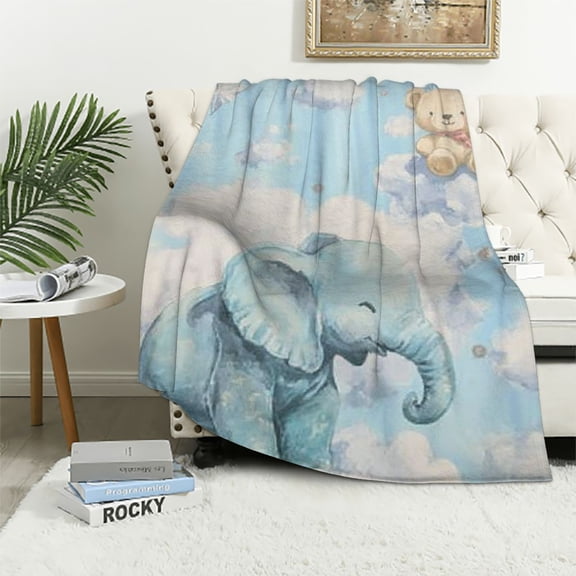 BCIIG Cute Elephant Kids Throw Blanket,Moonnight Starry Sky Hot Air Balloon Bed Blanket for Boys Girls,Cartoon Floral Animal Fleece Blanket,Blue Dreamy Fuzzy Blanket,Baby Size 40x50in