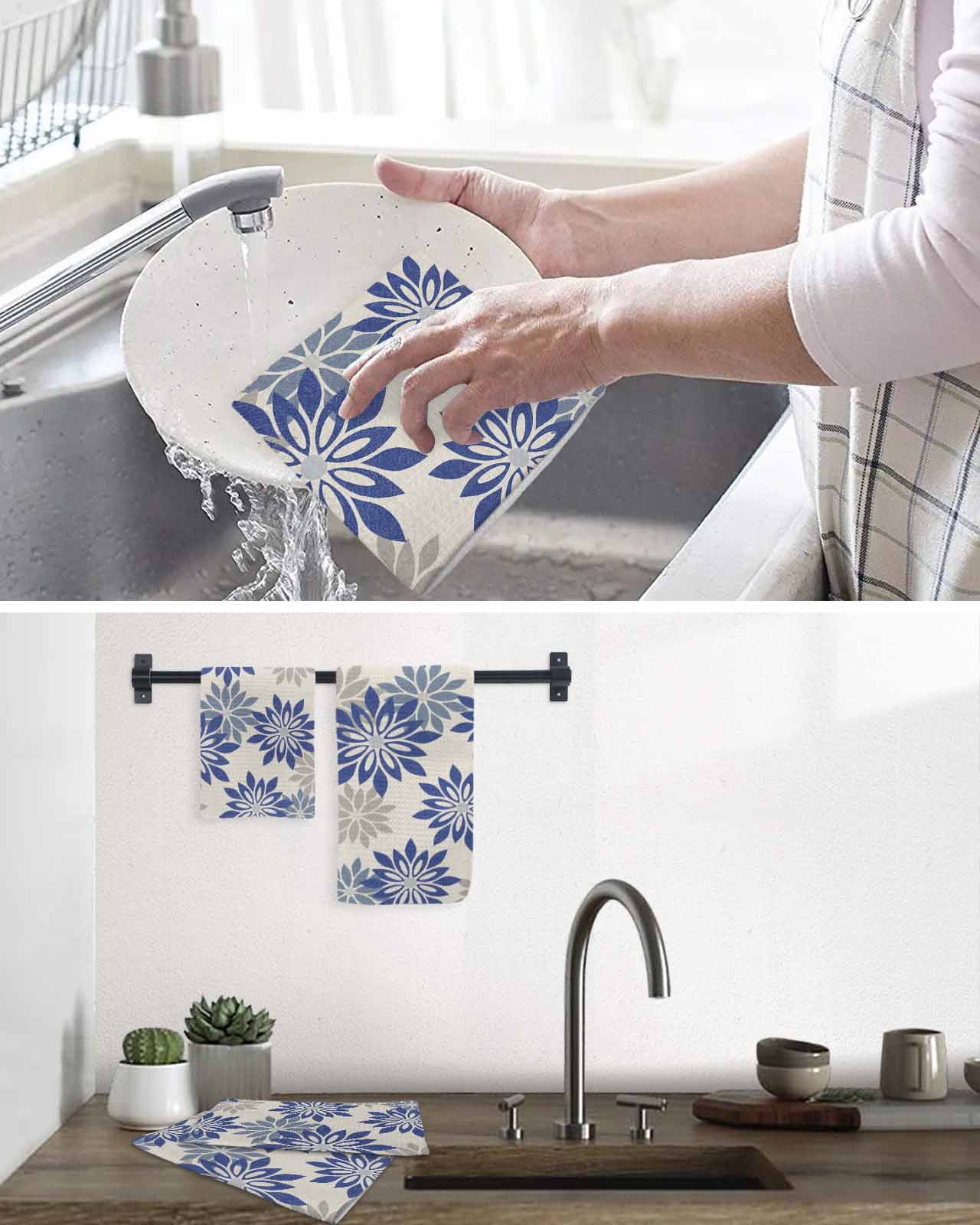 Geometric Flower Kitchen Dish Towels for Drying Dishes Set of 2, Vintage Country Floral Blue Grey on Linen Waffle Weave Microfiber Hand Tea Bathroom Towels Quick Dry & Absorbent Towel 15.7x23.6