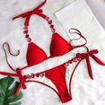 thumbnail image 6 of Wuxian 2 Piece Bikini Set For Women Swimsuit Halter Neck Spaghetti Strap Deep V-Neck Backless Lace Up Rhinestone Swimming Bandeau Solid Color Triangle Tie Stylish Cheeky Bathing Suit,Red,M, 6 of 9