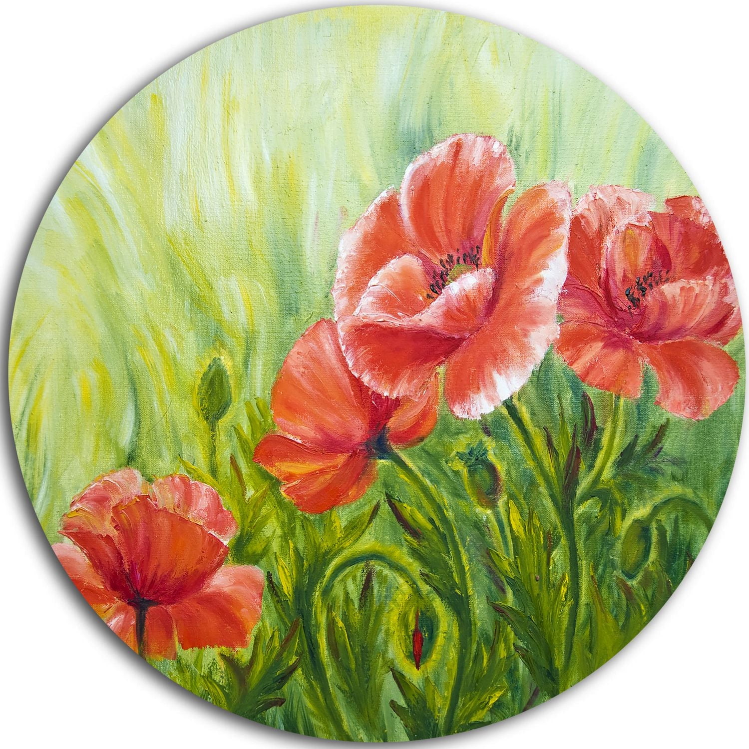 Design Art Blooming Poppies with Green Leaves' Ultra Glossy Floral Metal Circle Wall Art