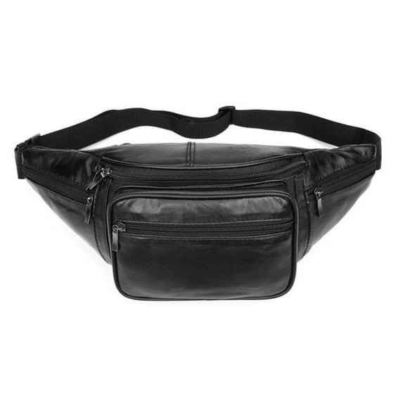 iLeather Collections L007-L Black iLeather Genuine Leather Large Size 5 Pockets Fanny Pack Waist Pack - Black
