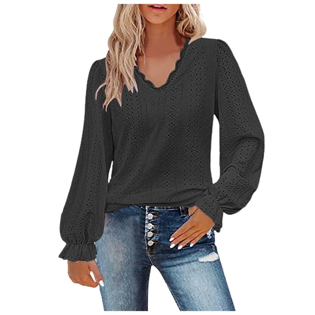 Camisa informal de manga plisada con cuello en V para mujer, holgada, ideal para el otoño
