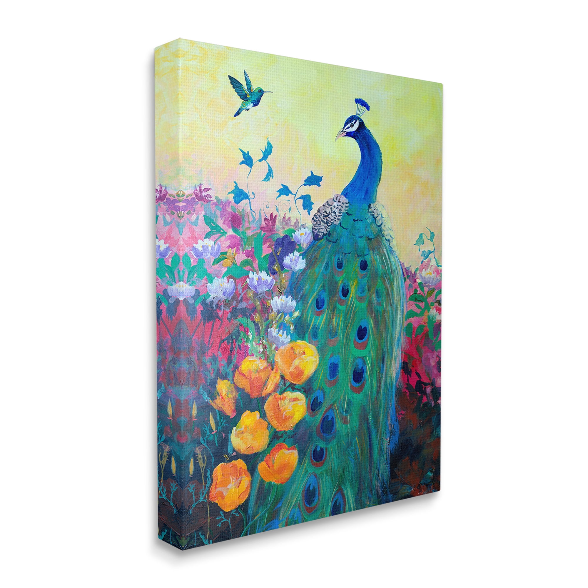 Stupell Industries Peacock & Garden Flowers Animals & Insects Painting Gallery Wrapped Canvas Art Print Wall Art, 36 x 48