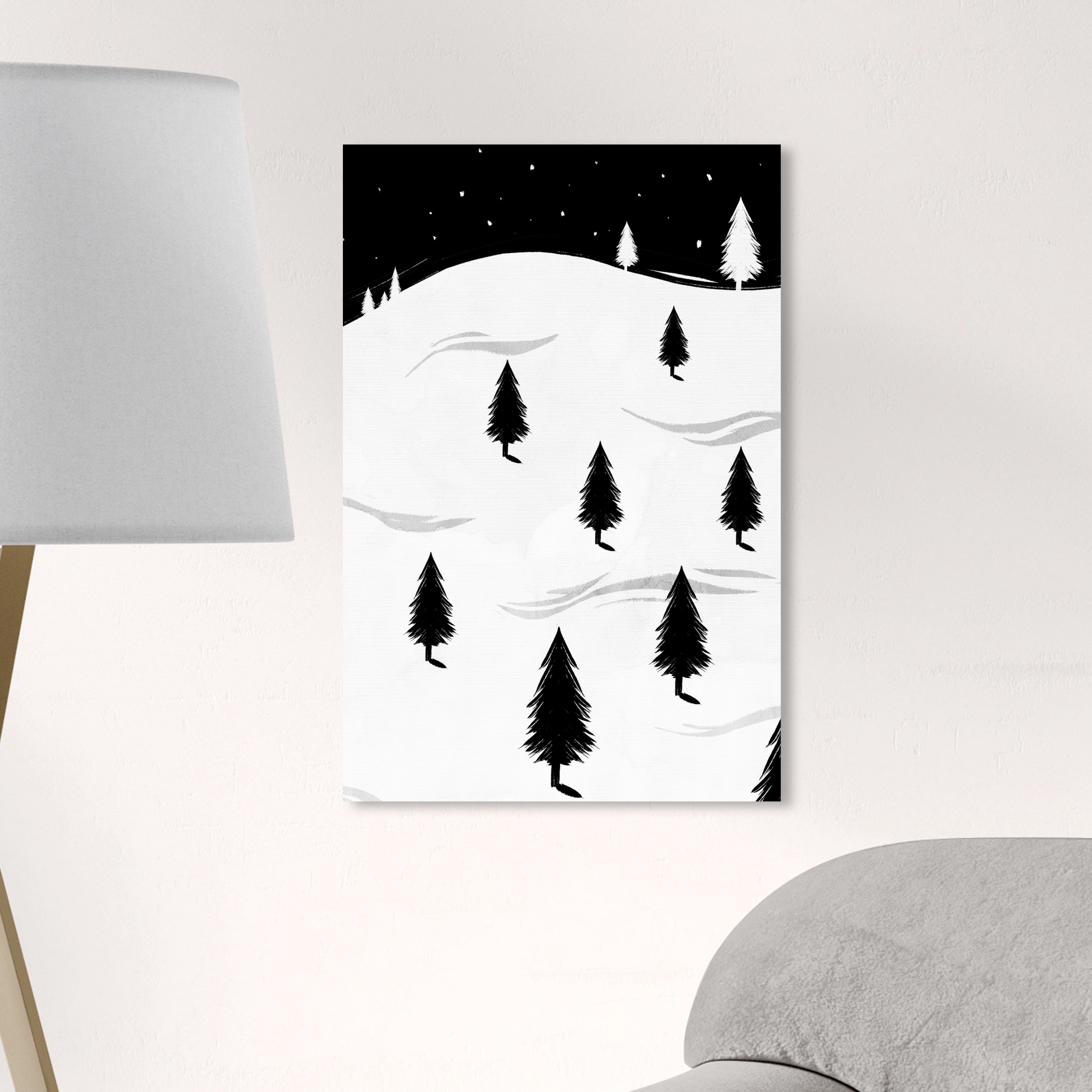 Wynwood Studio Holiday and Seasonal Wall Art Canvas Prints 'Pine Tree Landscape' Christmas Home Décor - Black, White, 24" x 36"
