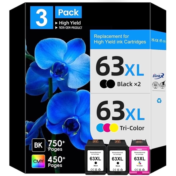 3Pack 63XL Ink Cartridges Compatible for HP 63XL Ink Cartridges Works for HP OfficeJet 3830 4650 5255 5258; Envy 4520 4512; DeskJet 3630 2130 1112 Printer, 2 Black,1 Color