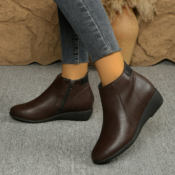 Wowcloth Women's Retro Ankle Boots – Comfortable Side Zipper Round Toe Wedge Heel with Versatile Design for Fashionable Casual Wear in Autumn and Winter