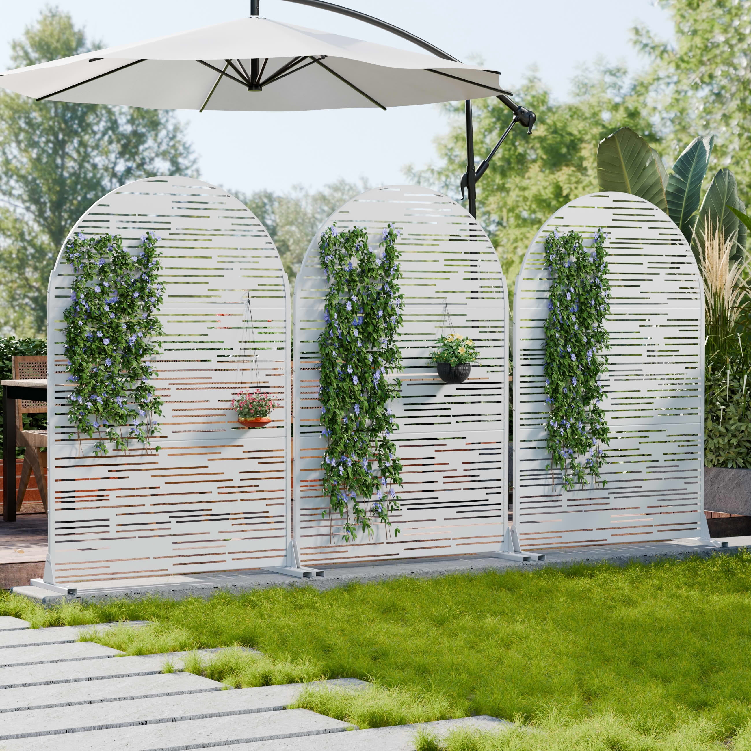 MAYEERTY Outdoor Metal Privacy Screen 6ft × 4ft White, 3-Panel Light & Shadow Pattern, Rust-Resistant for Garden