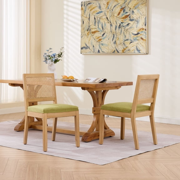 Farmhouse Rattan Dining Chairs Set of 2, Olive Green Linen Upholstered with Cane Back