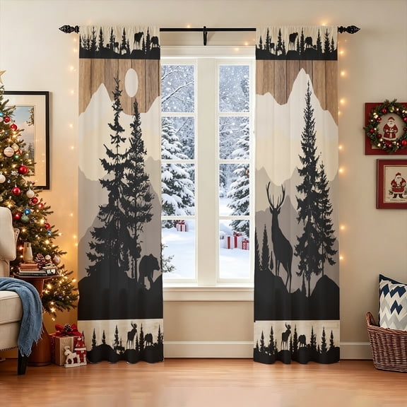 1Pair 2D Rustic Hunting Lodge Mountain Wildlife Window Curtain, Black Silhouette Forest Pine Bear Elk Moose Curtains for Living Room Bedroom, Christmas Thanksgiving Housewarming Party Gift