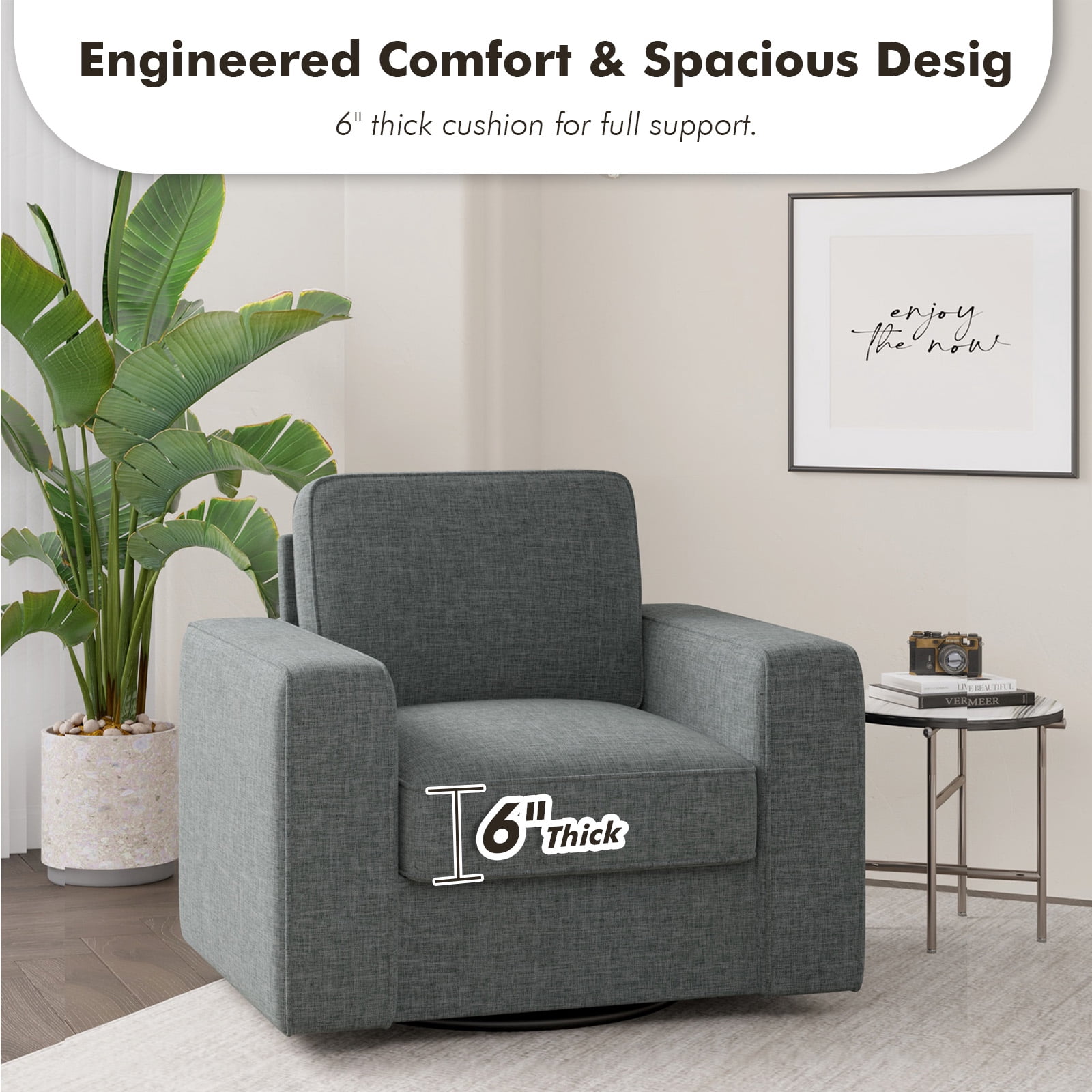 MOONMISS Swivel Accent Chair, 36'' Wide Mid-Century Modern Armchair for Living Room, Bedroom, Office, Gray