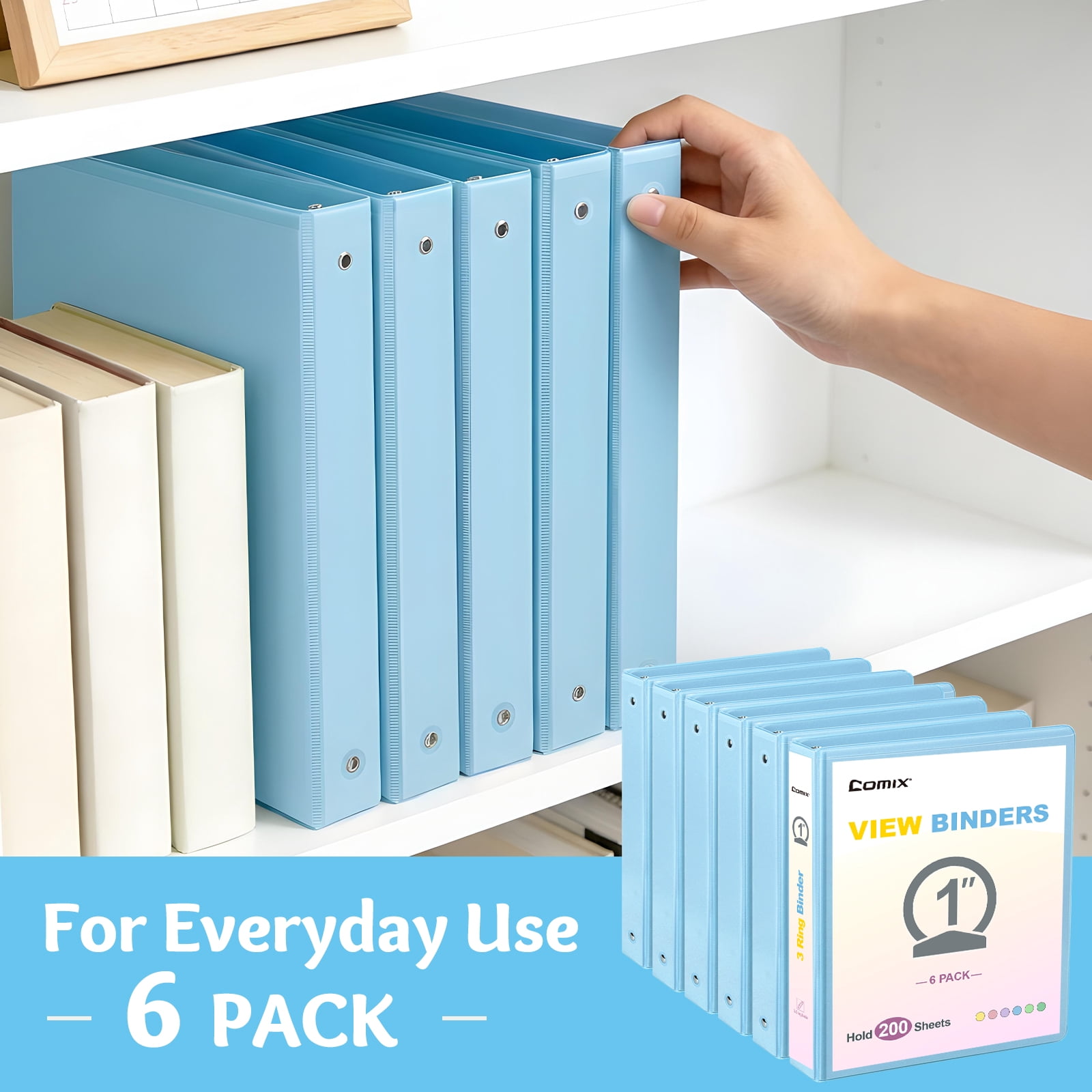 Comix 1 inch 3-ring Binder, Round Ring, 200 Sheets Capacity, 6 Pack Light Blue